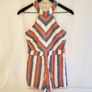 Crystal Sky White and Multi Colored Stripped Halter Back Zip-Up Romper Size S